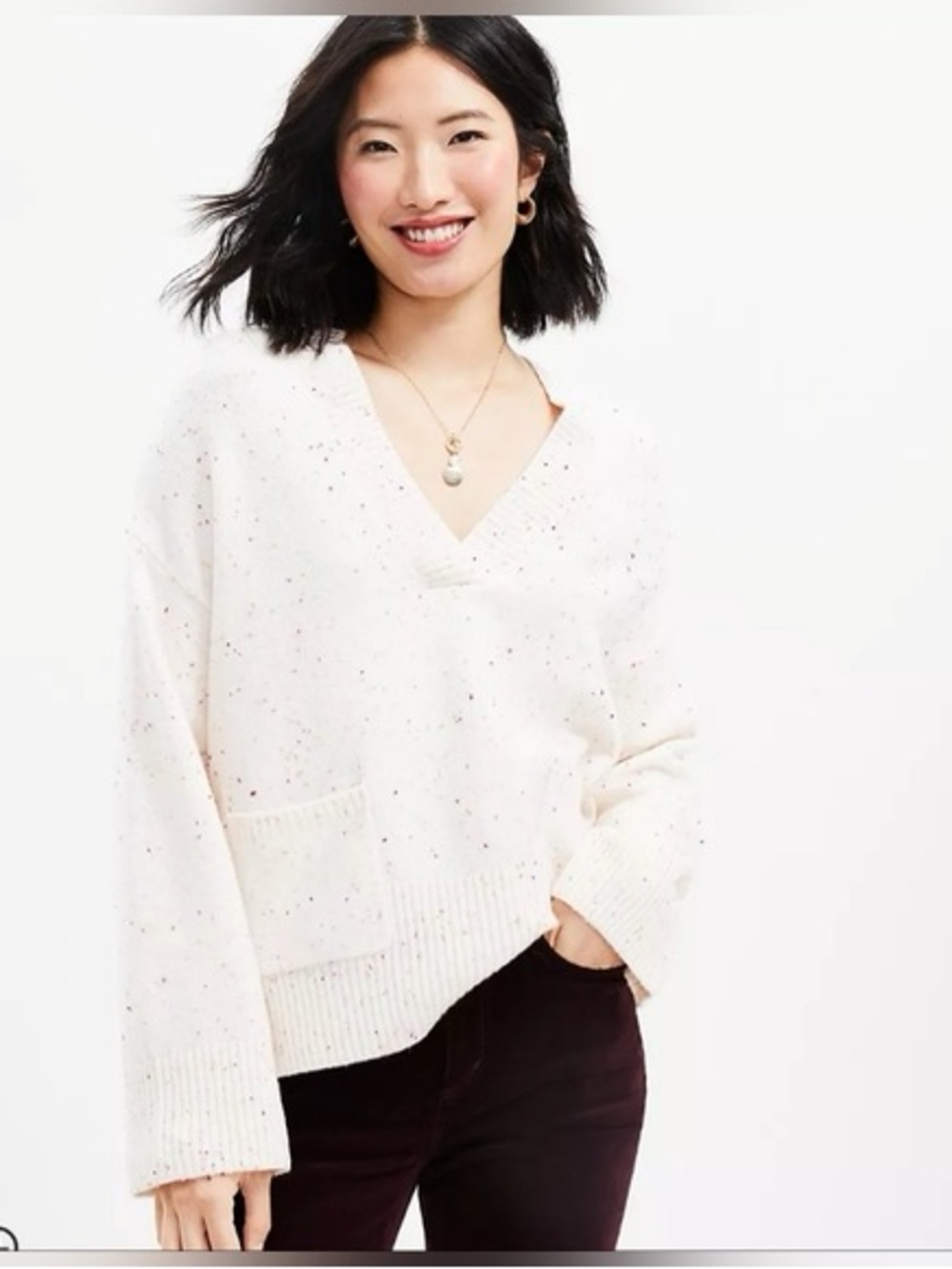 LOFT Cream Speckled V-Neck Pocket Sweater